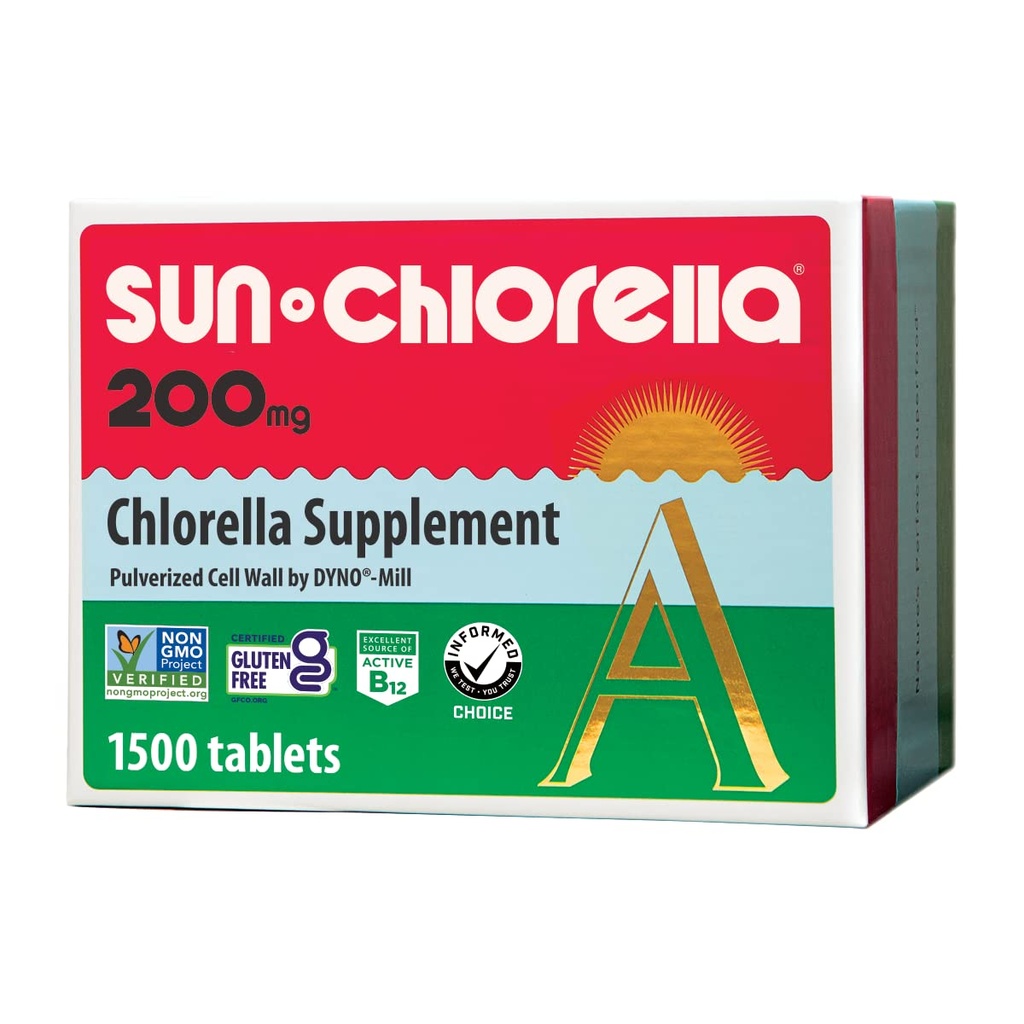 Sun Chlorella 200 mg Zelené řasy Superfood dodatek - Pulverized Cell Wall - chlorofyl, CGF, aktivní B12, železo, protein - Non- GMO - 1500 Tablety
