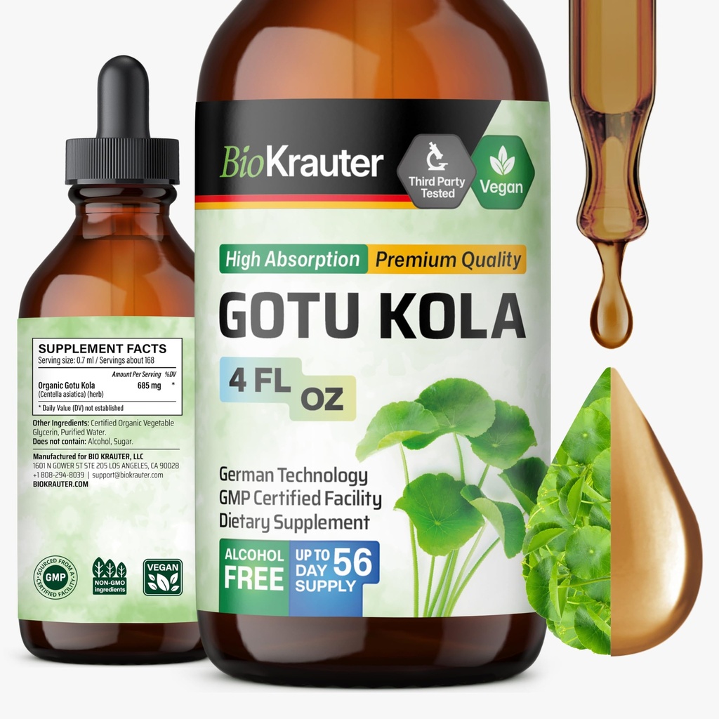 BIO KRAUTER Gotu Kola Tincture - Centella Asiatica Extract - Alkohol a cukr zdarma Gotu Kola Extract - Vegan Drops 4 Fl.Oz.