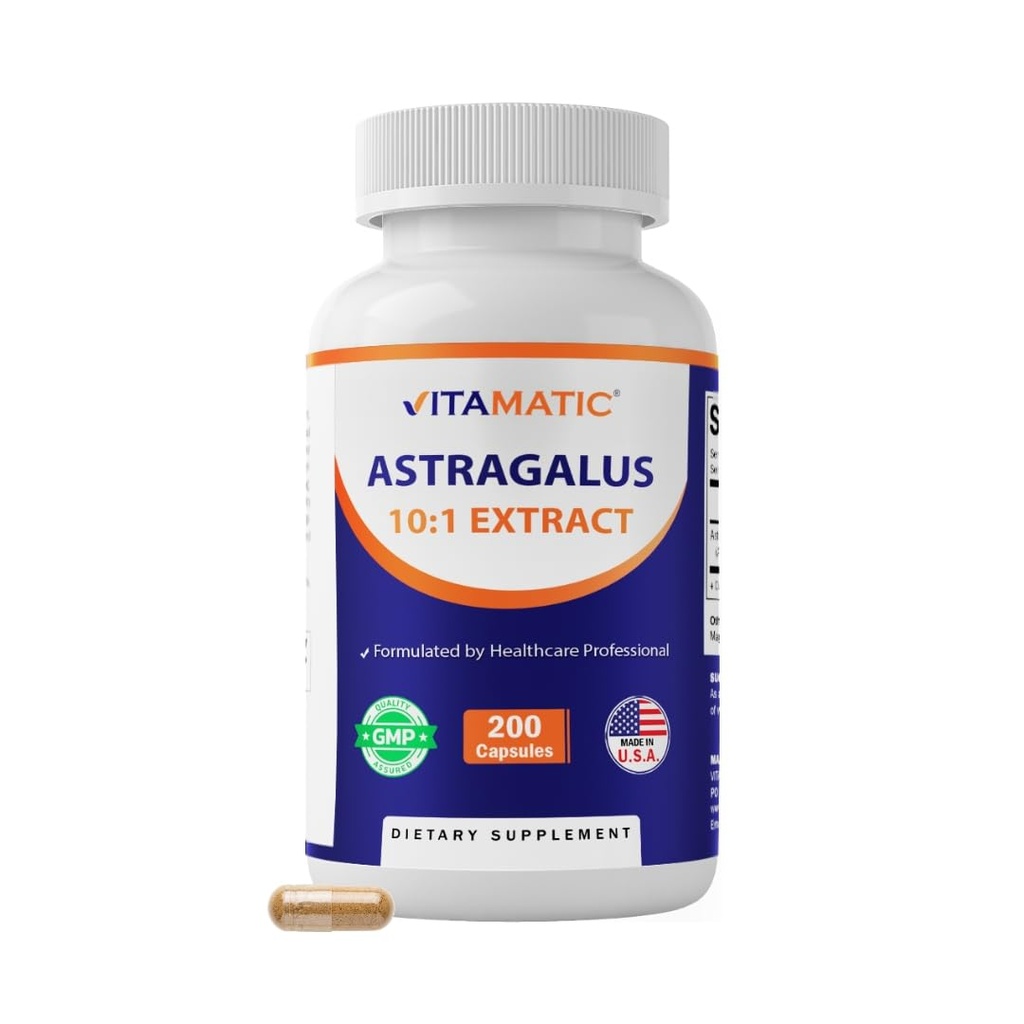 Vitamatic Astragalus Kapsle 200 Veg Kapsle - 10: 1 Astragalus Extract 500mg - Non- GMO, gluten- bez