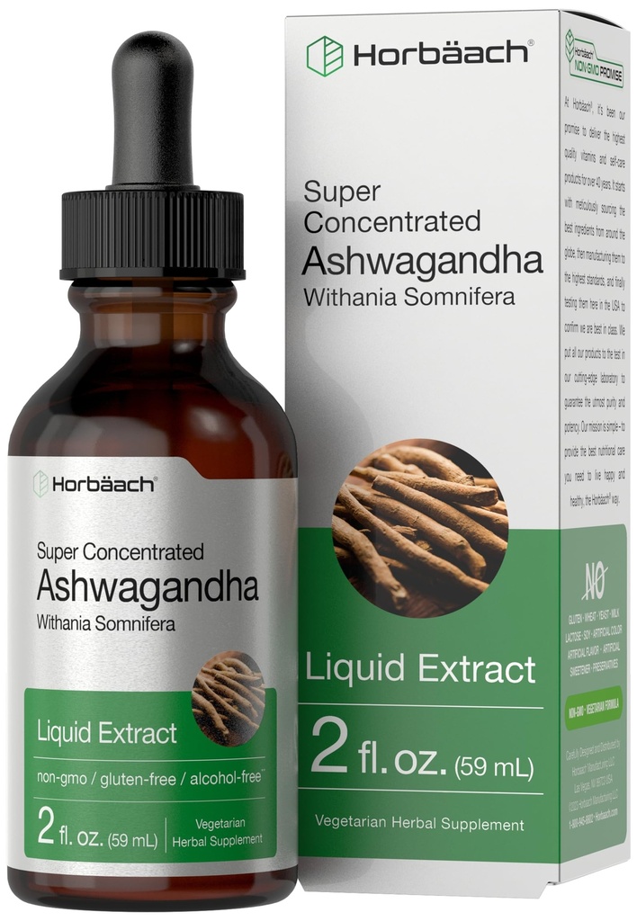 Horbäach Ashwagandha Liquid Drops CLAS124; 2 Fl Oz CLAS124; tinktura extrakt pro ženy a muže CLAS124; Alkohol zdarma dodatek CLAS124; Witania Somnifera Root CLAS124; Vegetarian, Non- GMO, a gluta