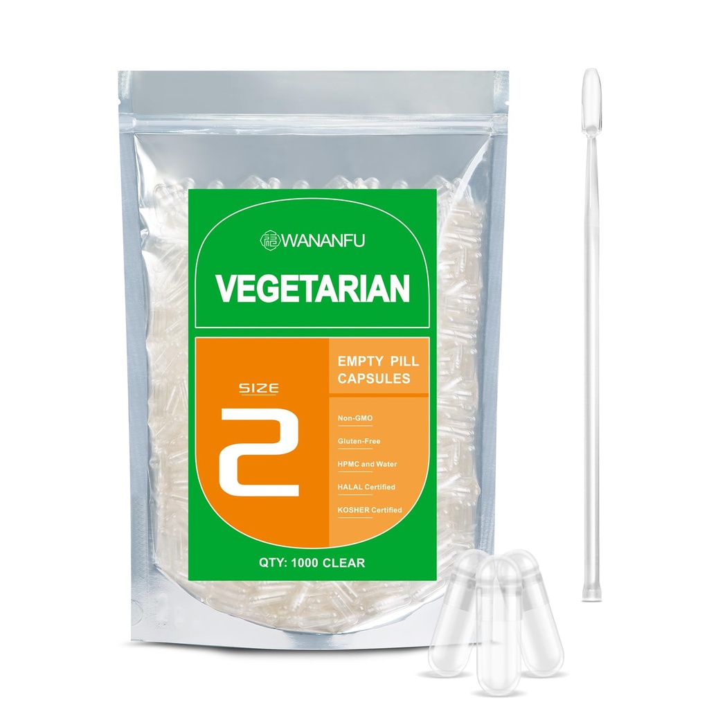 wananfu velikost 2 Prázdné kapsle Vegetariánské (500 Počet) Bundle s 2 Micro Lab Lžíce, jasné vyplnitelné Veggie Pill Kapsle Velikost 2 pro výrobu vlastní doplňky