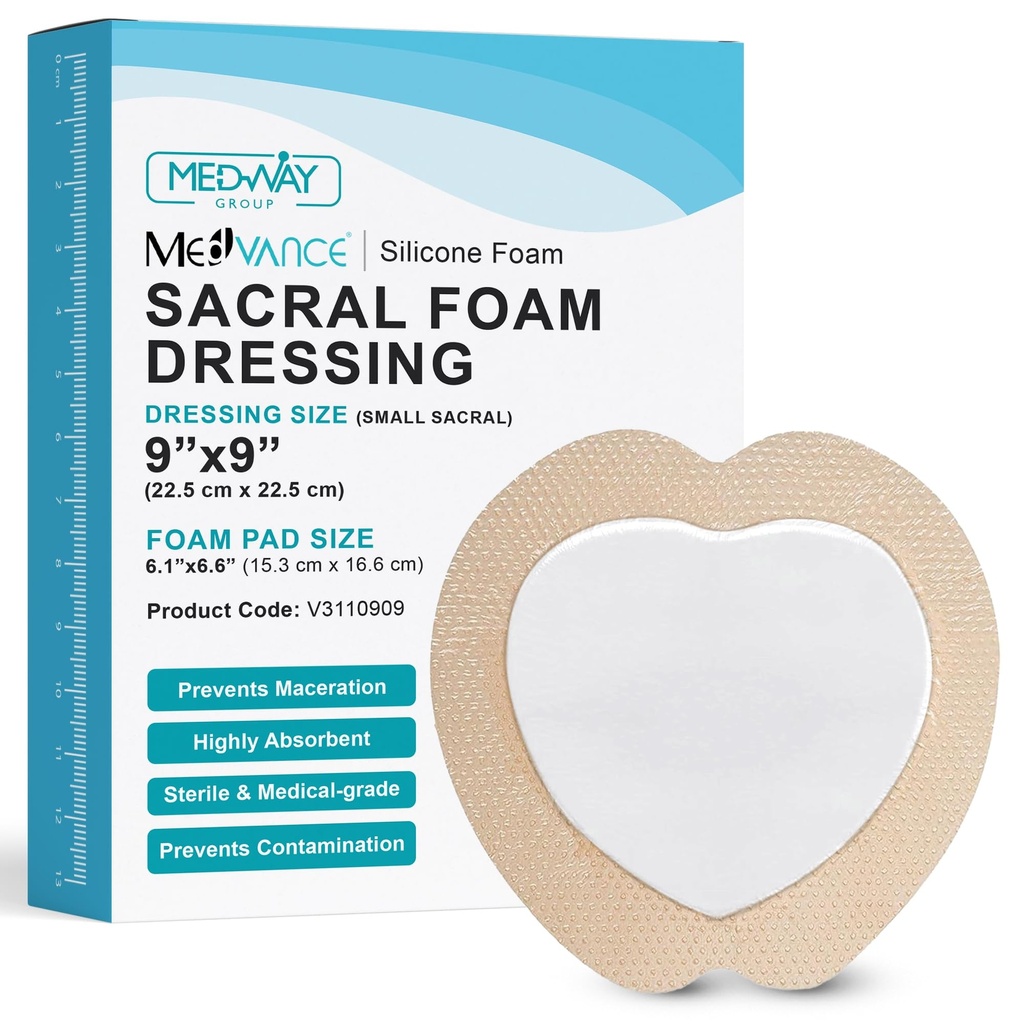 MedVance TM Silicone - Sacral Borded Silicone Adhesive Foam Wound Dressing, Bed Sore Léčba Obvaz pro Sacrum, Velikost 9 "x 9" (6.1 "Pad x 6.6" Pad), Box of 5 dressing