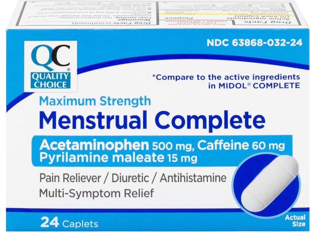 Quality Choice Menstrual Kompletní Max Strength Period Pain Relief, 500 mg acetaminophen, 60 mg kofeinu, 15 mg pyrilaminu Maleate, křeče, nadýmání, bolest hlavy. 24 Počet.