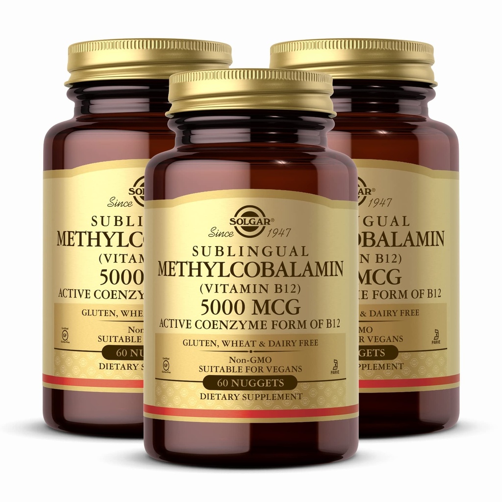 Solgar Methylkobalamin (vitamin B12) 5000 mcg, 60 Nuggets (balení po 3) - třešňový flavor - Podporuje energetický metabolismus - Body- Ready, Aktivní forma - Non- GMO, Vegan, gluten zdarma - 180 Celkem