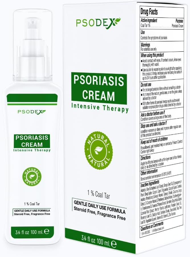 PSODEX Psoriasis Cream - 3.4fl oz Topical Psoriasis Léčba s uhelným dehtem, Salicylic acid, Tea Tree Oil, Aloe Vera - All- Přirozené přísady - Soothing a Moisturization Coal Tar Psoriasis Cream