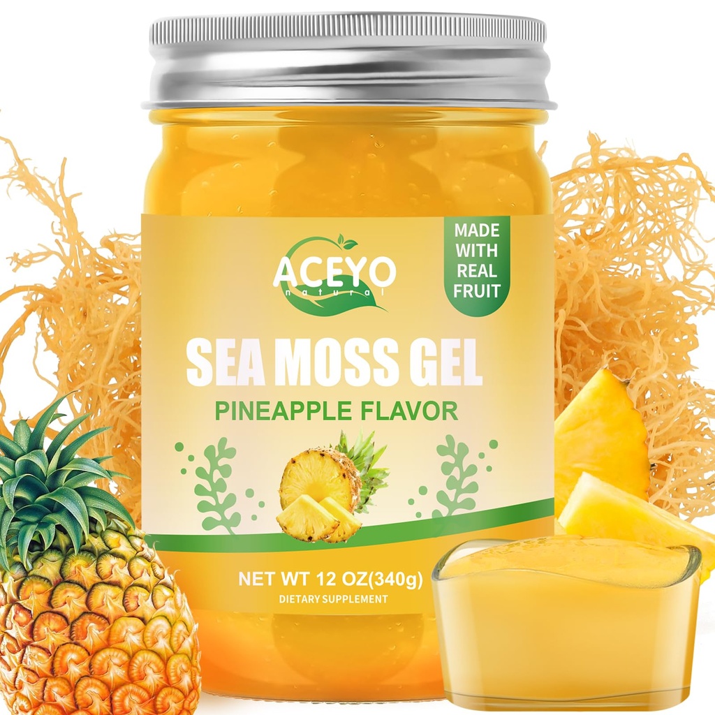 ACEYO (12 OZ Irish Sea Moss Gel Raw Vegan Ananas Flavor 102 Vitamíny a minerály Wild Sklizeň Non-GMO imunitní obrana Booster štítné žlázy Digestivní podpora