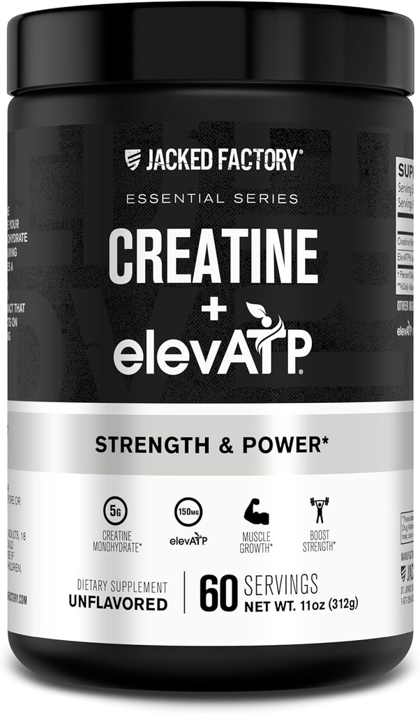 Jacked Factory Creatine + ElevaTP - Creatin Monohydrát Prášek pro růst svalů, zvýšená síla, zvýšený energetický výstup, s ElevaTP pro trvalou energii a vytrvalost - 60 Služeb, Neochucené