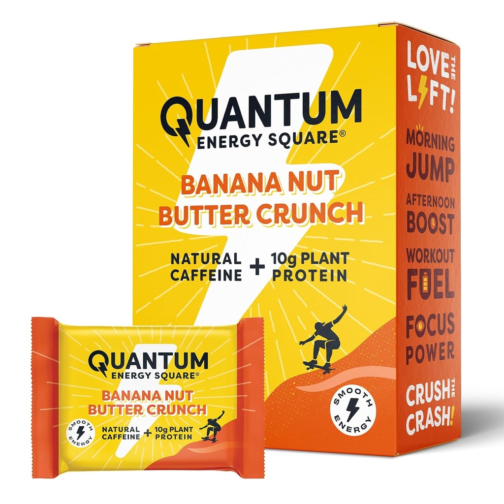 Quantum Energy Square: Energy Bar s kofeinem & 10g protein. Delicious Health Snack On The Go. (Vegan, Gluten- free, Soy- free, Dairy- free) - Banana Nut Butter Crunch 8Pk