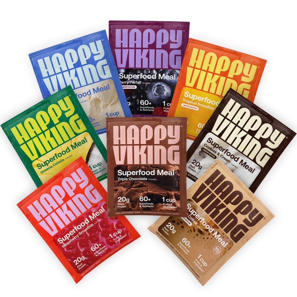 Happy Viking Variety Pack Plant Protein Powder, Vytvořil Venus Williams, 20G Protein, Low Carb, Keto, Vegan, Gluten- Free, Non- GMO, Superfoods, Kompletní stravovací náhrady, 8 Single Serve Packs