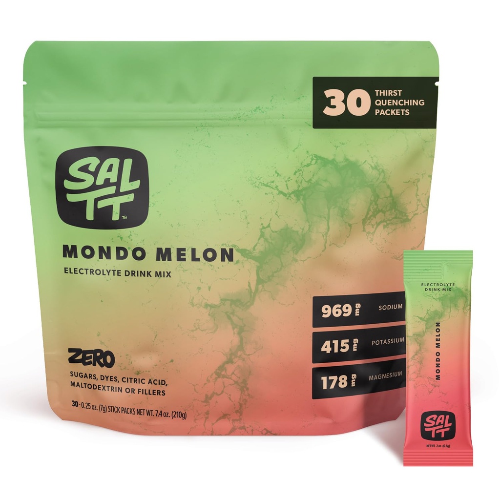 SALTT Electrolytes Powder Ochucený nápoj Mix - Mondo Melon - 30 Hydratační balíčky - hořčík, draslík, sodík, stopové minerály - Nulový cukr a gluten zdarma - Cestování Essentials