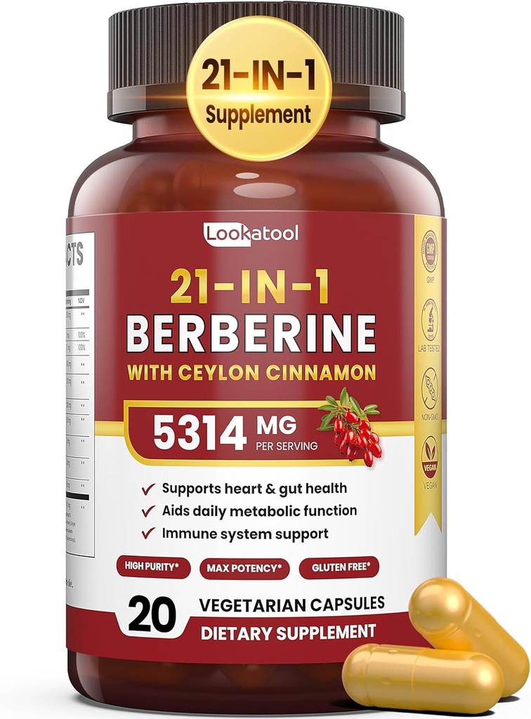 21- in-1 Berberine dodatek s Ceylon Skořice - 1500mg Organic Berberine HCL Phytosome, 5X Vyšší absorpce pro metabolismus Podpora 20 Kapsle