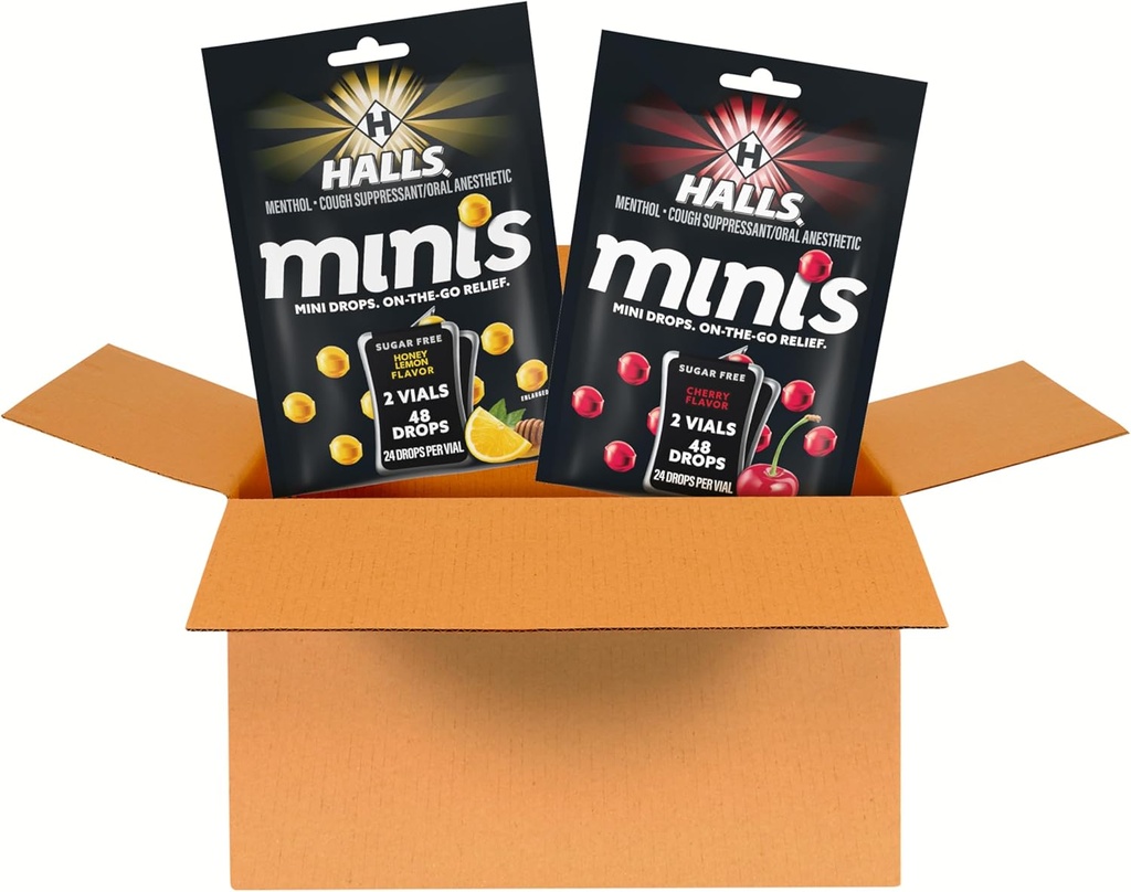 HALLS Minis Cherry and Honey Lemon Sugar Free Cough Drops Variety Pack, 2 tašky, 4 balení (96 Total Drops)