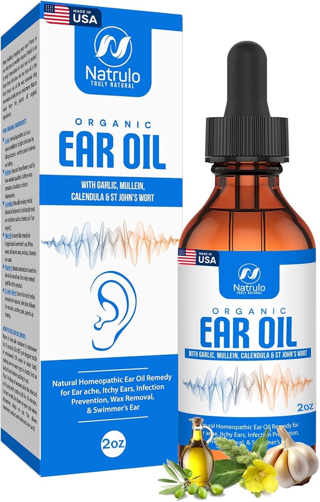 Organický ušní olej pro ušní infekci - Přírodní Earddrops for Earhache Prevention, Plavec 's Uar & Wax Removal - Děti, Dospělí, Baby, & Dog Earhache Remedy - s Mullein, Česnek, Calendula Made in USA (2 Oz)