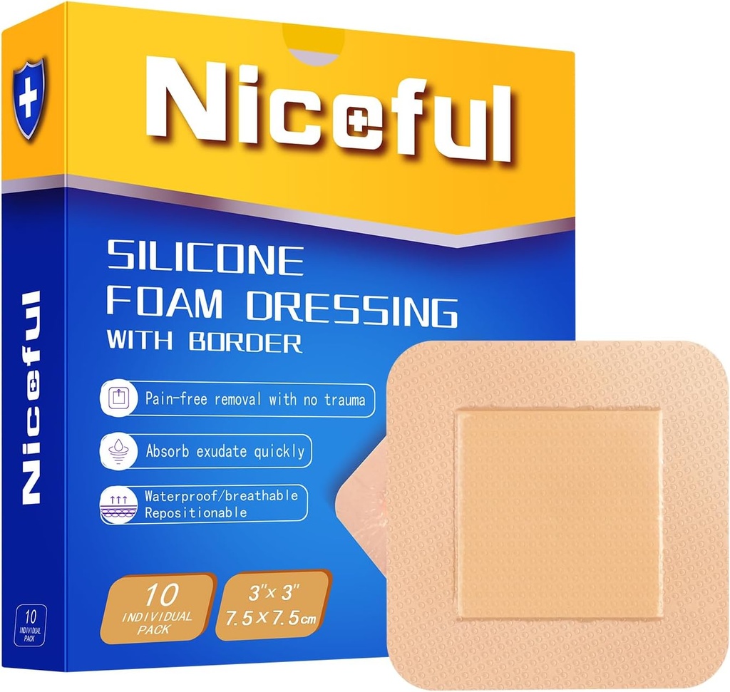 Silikonový pěnový dresing 3x3 in (7.5x7.5cm), High Absorbancy Bed Sore Obvazy Page Dressing, Vodotěsné silikonové obvazy pro citlivou péči o kůži (10 ks)