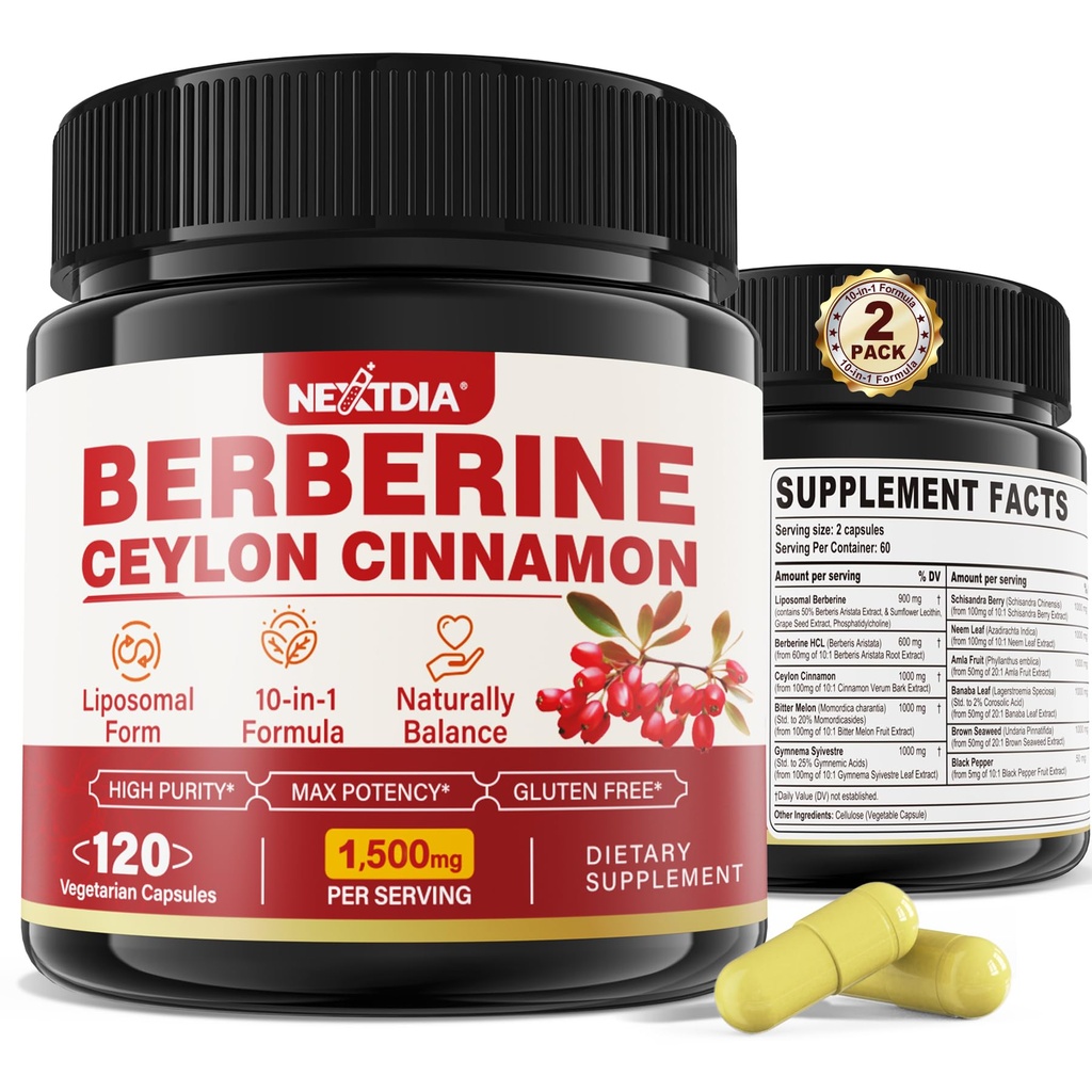 2 Pack 1500mg Liposomal Berberine HCL s Ceylon Skořice Hořký Melon, Organic Berberine Komplexní doplňky s Banana Leaf, Podporuje imunitní & stravovací - Vegan 240 Kapsle