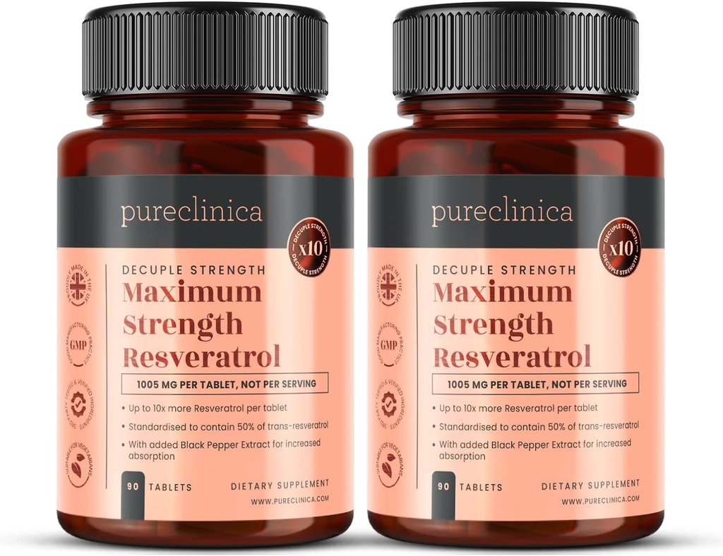 pureclinica 1000mg Resveratrol x 180 tablet (2 láhve 90 tablet každé - 6 měsíců dodávky). 10 x síla a s černým pepřovým extraktem pro rychlejší absorpci