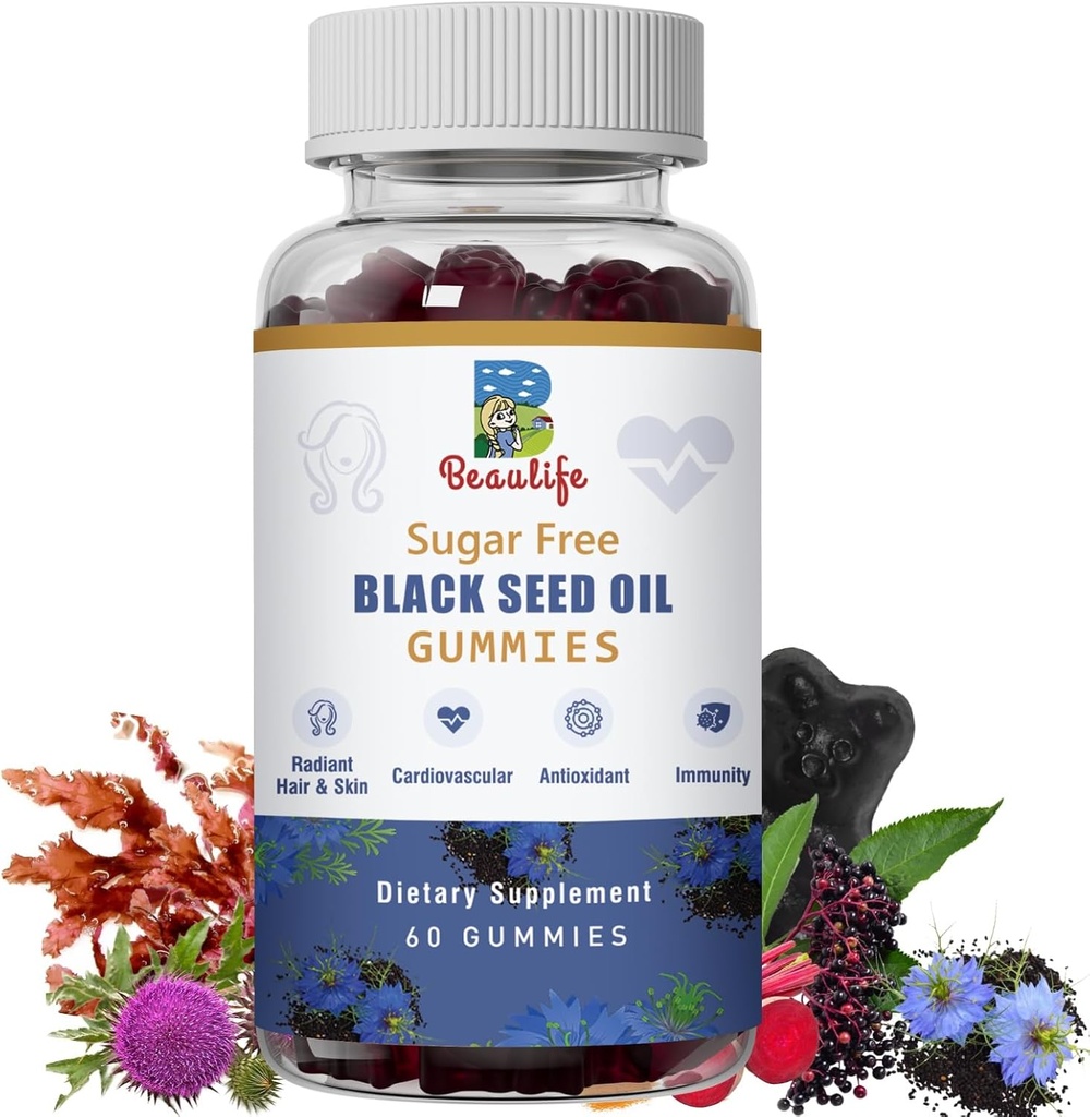 Black Seed Oil Gummies, Black Seed Oil, Moss, Ashwagandha, Elderberry, Kurkuma, Vitamin C, D, zinek, Kořen řepy prášek, Podpora imunitního systému, játra, kardiovaskulární zdraví, zářivé vlasy & kůže
