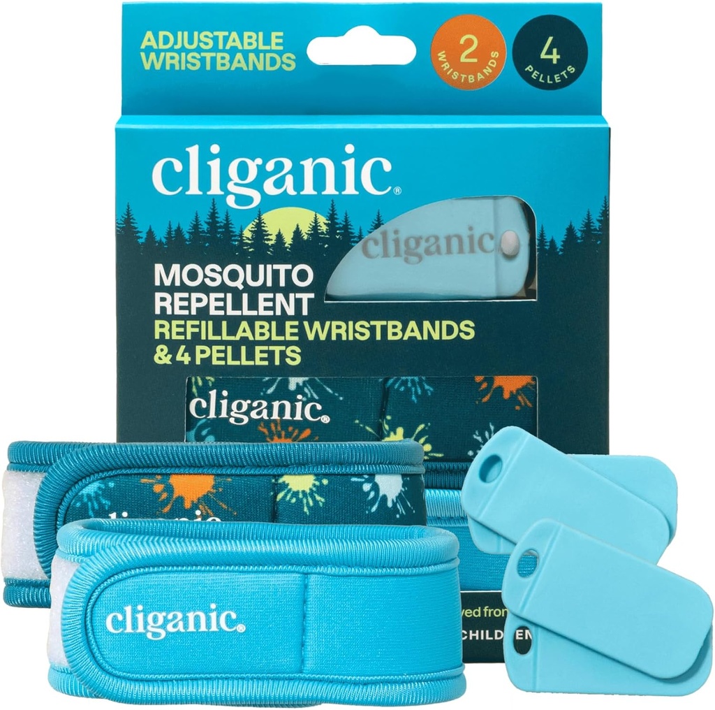 Cliganic Mosquito Repelent Pack (2 náramky + 4 náplně pelety) - nastavitelné, přírodní DEET- bez, esenciální olej infuze