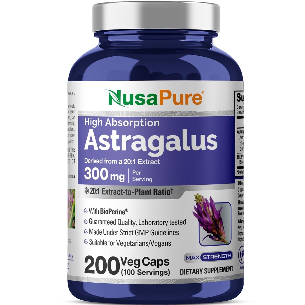 NusaPure Astragalus 20: 1 Extract, 300 mg Ekvivalentní k 6 000 mg per Serving, 200 Veggie Kapsle, Non- GMO & Bioperin