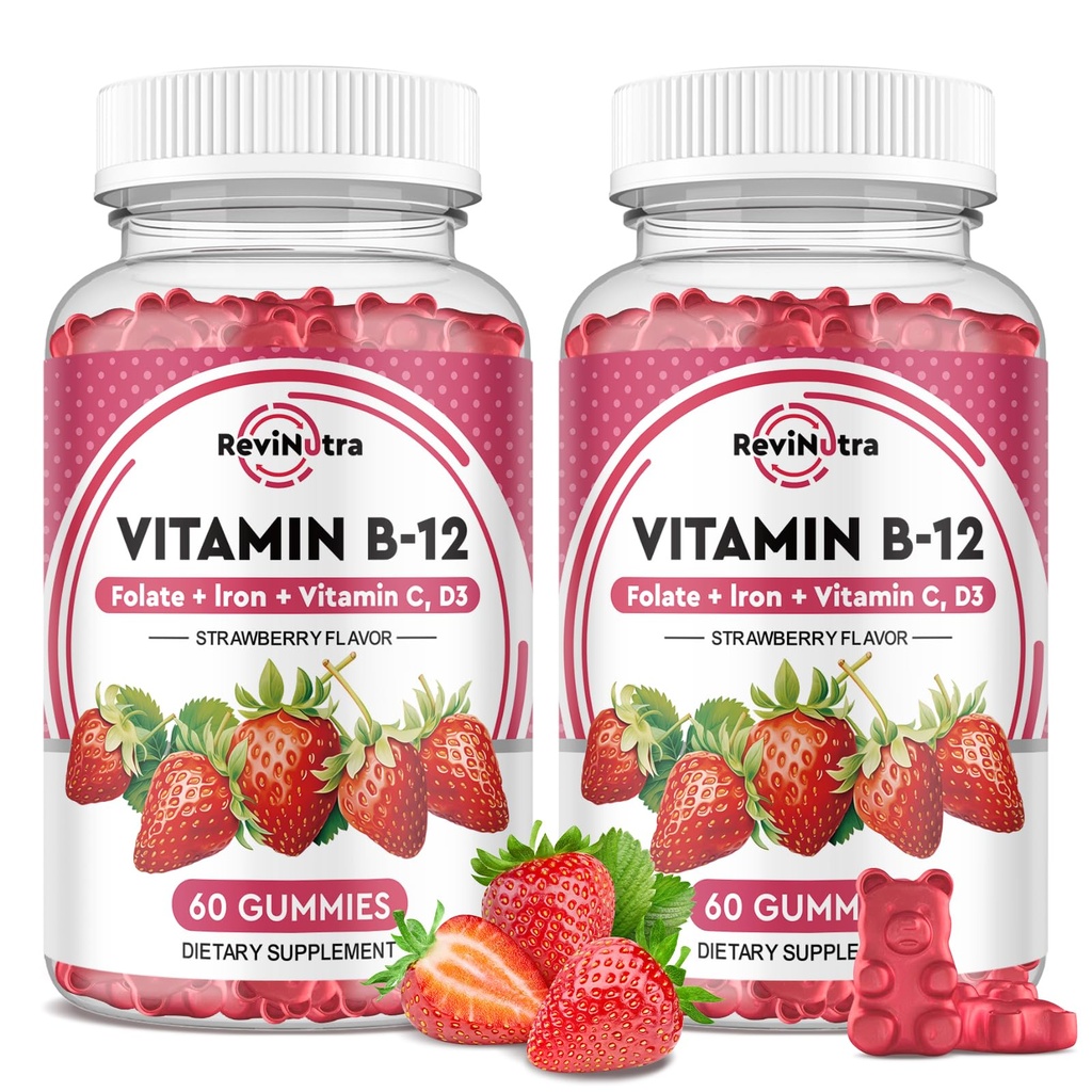 Vitamin B12 Complex Gummies - 5000 mcg methylkobalamin se železem, Vitamin C, D3 & Folát, Energetická podpora a metabolismus, Imunitní, B-12 Žvýkací doplněk pro muže a ženy, Strawberry Flavor, 2 Pack