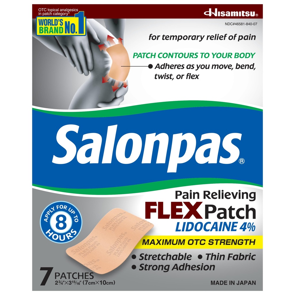 Salonpas Maximální OTC síla Lidokain 4% Pain Relieving FLEX Patch, Aplikovat až na 8 hodin, Nevoňavé, Tenký, Flexibilní, Lehké, Patch Zůstává na místě, 7 Záplaty