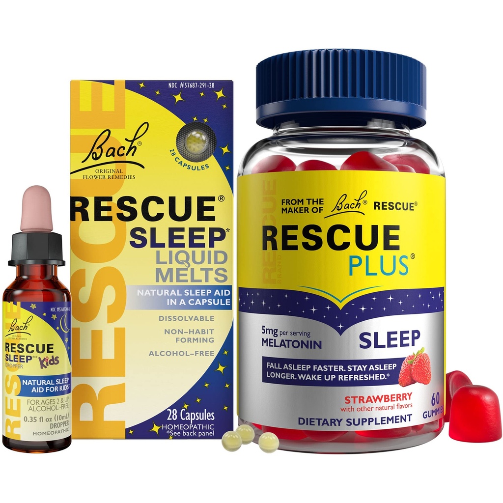 REScue Nighttime Sleep Aid Bundle, 3Pk - Bach Sleep Kids Dropper, 10ml Sleep Liquid Melts, 28Ct Plus Spící gumy s 5 mg melatoninu / dávka, 60Ct