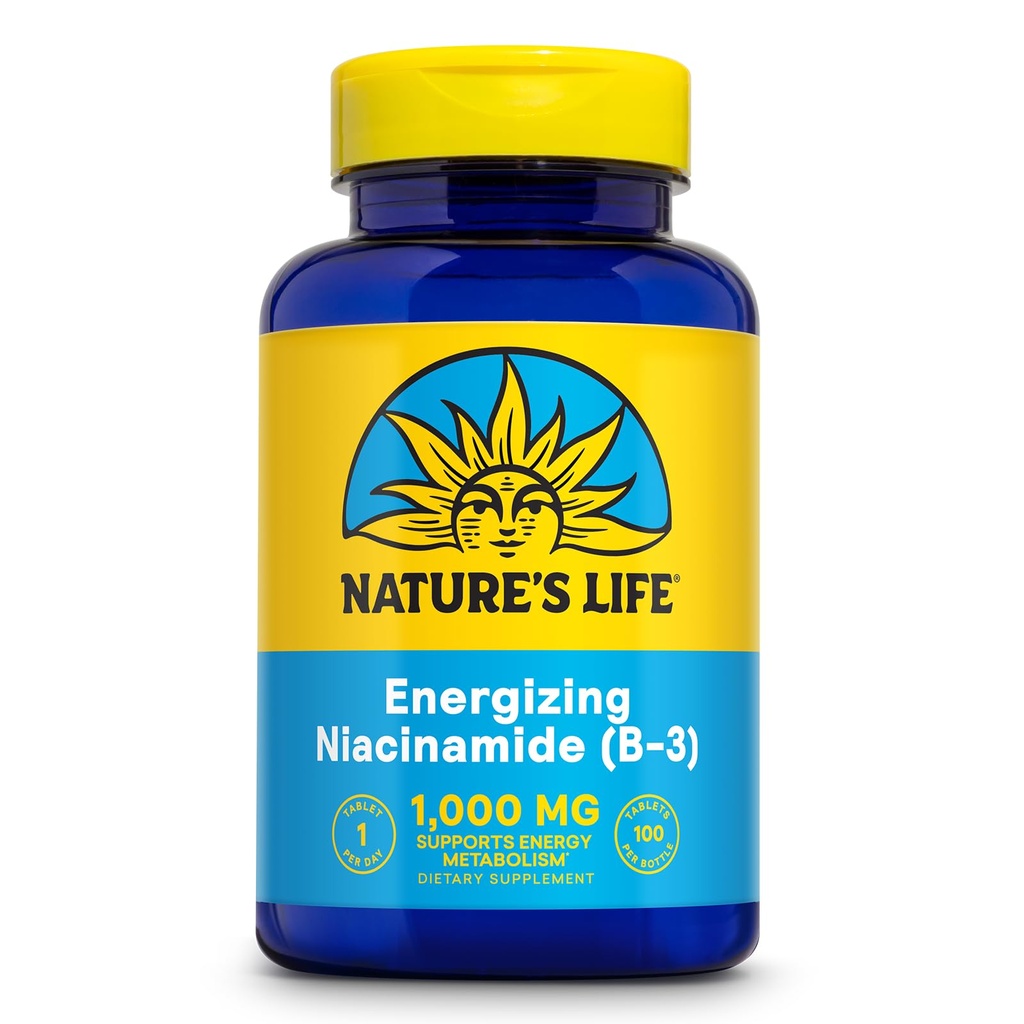 Nature 's Life Energizing Niacinamid, Vitamin B3 1000mg - Vysoká účinnost, No Flush Niacin dodatek - Nerve Function, Energy and Metabolism Support - 60denní záruka - 100 Služeb, 100 Tablet