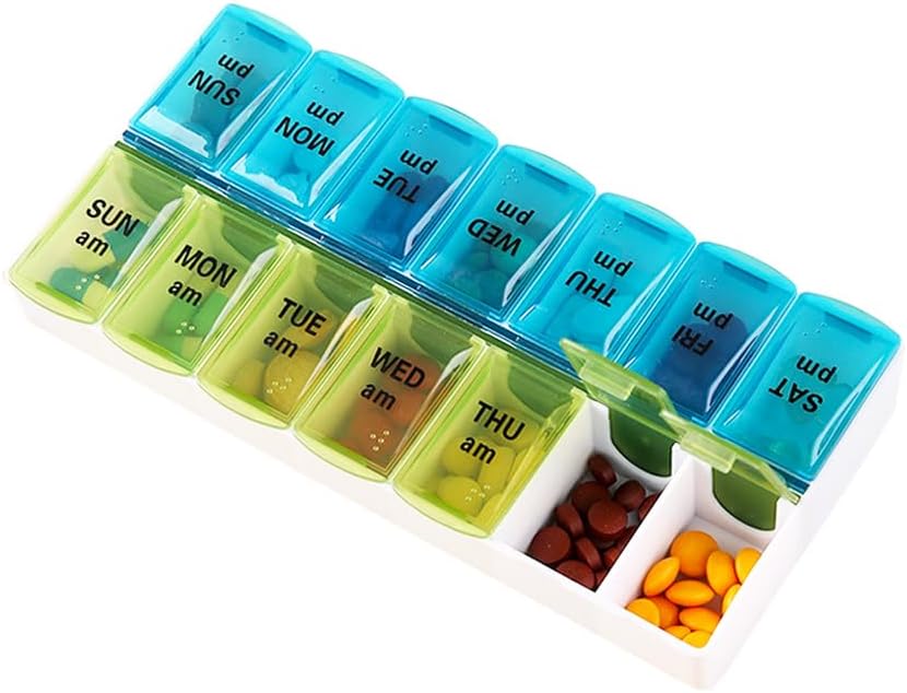 Týdenní Pill Pořadatel Dispenser, 2 krát denně, One- Side Open Pill Box 7 Day Medicine Planner for Easy Filling, AM PM Pill Pouzdro pro vitaminy, Léky, doplňky, rybí oleje, modrá + zelená