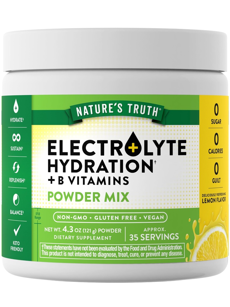 Nature 's Truth Electrolytes Powder 124; No Cukr 124; s B Vitamíny 124; Osvěžující Lemon Flavor 124; Vegan, Non- GMO & gluten zdarma doplněk pro hydrataci