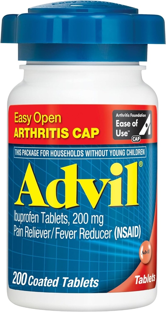 Advil (200 Počet) Easy Open Artritis Cap Pain Reliever / Horečka Reducer Potahované tablety, 200mg Ibuprofen, Dočasná úleva od bolesti