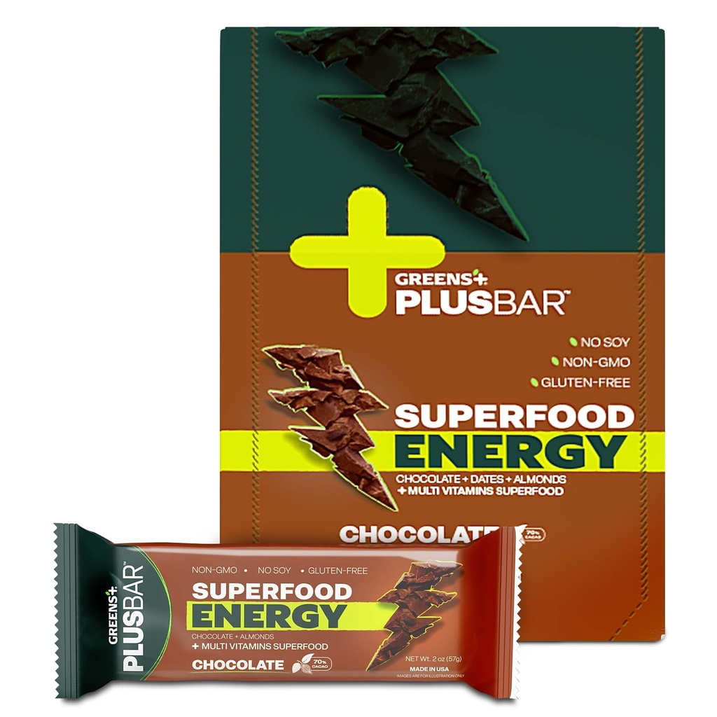 Zelené + Plusbar Energy Chocolate CLANE124; Gluten Free Energy Bar CLANE124; Organic Greens CLANE124; Organic Dark Chocolate CLANE124; Non GMO CLANE124; 12 Bary