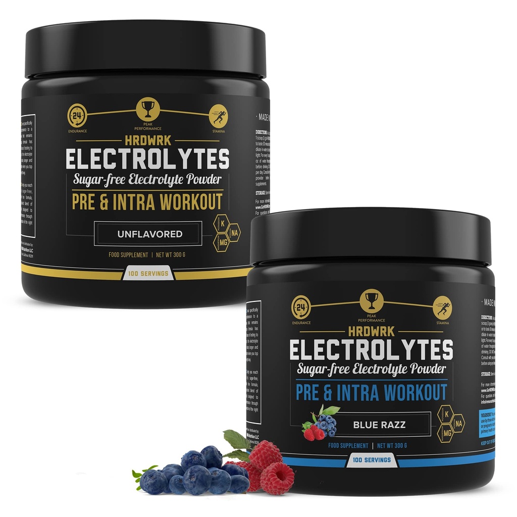 MMA Nutrition HRDWRK 100 Servings Keto Electrolytes Powder Hydration Sugar Free - Electrolyte Powder to Boost Endurance & Snižte únavu s Electrolyty Dodatek - Neochucené & Blue Raspberry Set