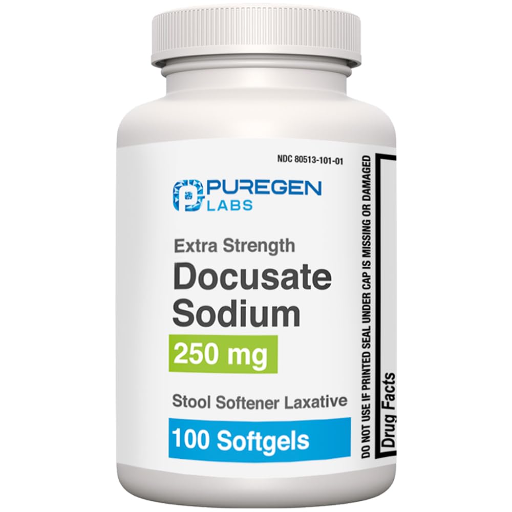 Puregen Labs Docusate Sodná sůl 250mg Stool Softener Laxative CLAS124; 100 softgels CLAS124; Gentle Constolly Relief CLAS124; Extra Streng124; Stimulant zdarma