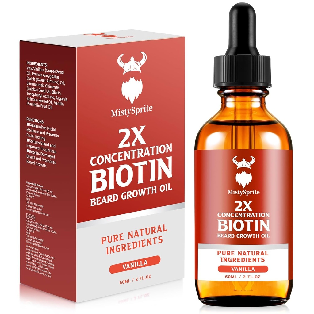 Vousatý růstový olej - 2X Koncentrace Biotin pro muže (2 oz) - Přírodní s Argan, Jojoba a vitamin, Růstový změkčovač, Moisturizer (Vanilla)