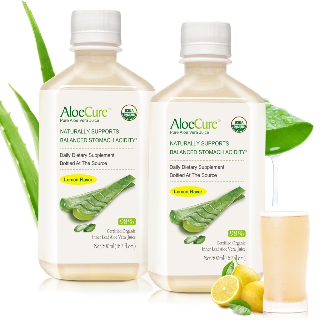 AloeCure USDA Organic Aloe Vera Juice Lemon Flavor - Vyrobeno do 12 hodin sklizně - Přírodní doplněk stravy pro vyváženou kyselost žaludku - Podpora trávicího a imunitního zdraví, 2 Btls x 16.7oz
