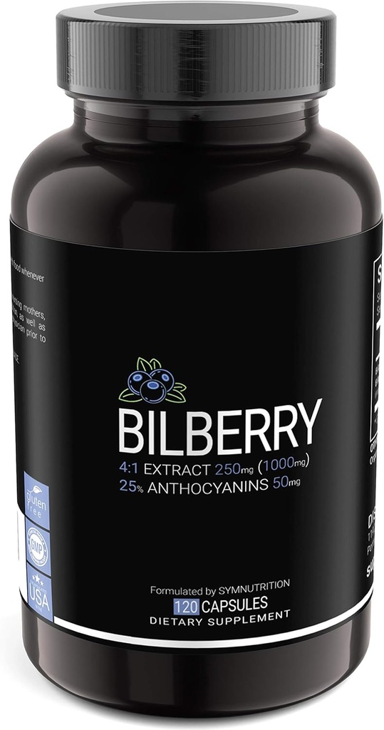 SYMNUTITION Bilberry Extract 1000mg, 25% anthokyaniny 50mg - 120 Počet (V- Kapsle) / 120 Doručování; European Blueberry: Vyrobeno v cGMP- Registrované zařízení v USA; Vegan & gluten zdarma
