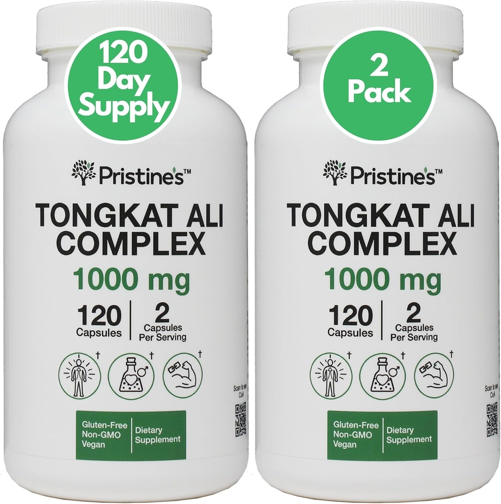 PRISTINE Tongkat Ali 1000MG Extract Capsule Supplement (2-Pack) -30 Day Supply - Atletická podpora výkonu - Mens zdraví & Lean Muscle Mass - Podpora imunity