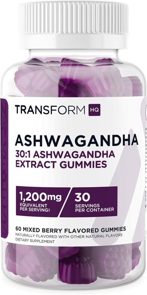 TransformHQ Ashwagandha Gummies 1,200mg, 60 Gummies (Mixed Berry Flavor) - Ashwagandha Herbal Extract Supplement - 30 Serings, Gluten Free, Non-GMO