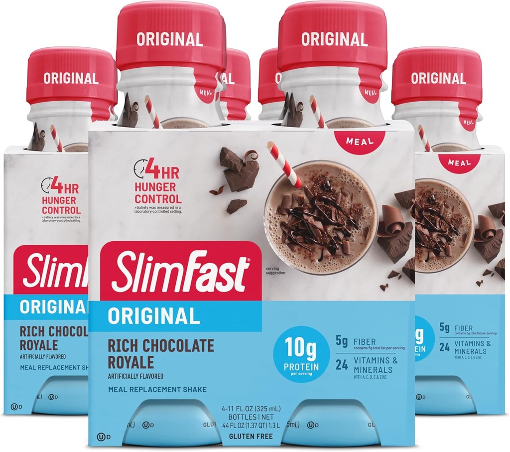 SlimFast Meal Náhradní Shake, Original Rich Chocolate Royale, 10g of Ready to Drink Protein for Weight Loss, 11 Fl. Oz Lahev, 4 Počet (Balení 3) (Balení May Vars)