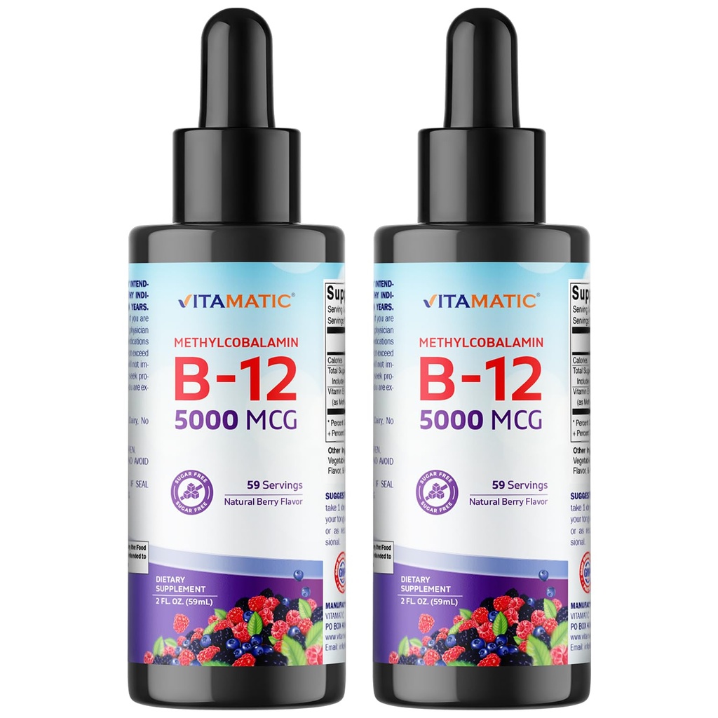 Vitamatic 2 Balení rychle působící tekutý vitamin B12 5000 mcg (methylkobalamin) - přírodní Berry Flavor - Sublingvální dodatek - Rychlejší absorpce - 2 OZ