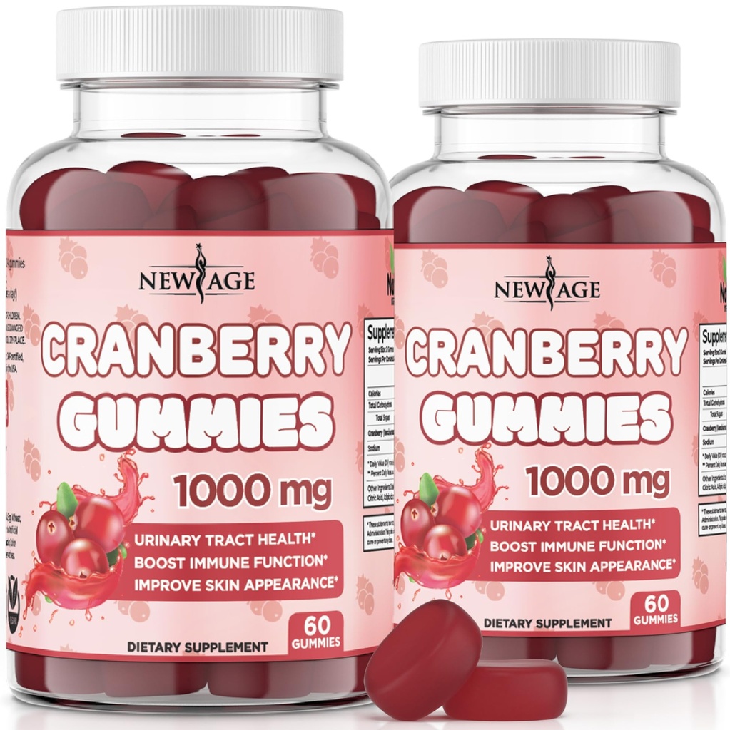 NEW AGE Cranberry Gummies Urinary Tract Health Gummies 1000mg - Podporuje močový měchýř, ledviny, UTI - Vegetarian (Cranberry 120 Count)