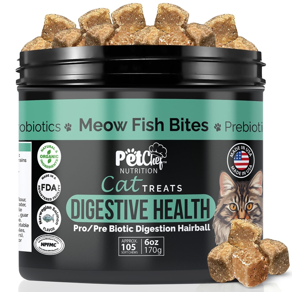 Pet Chef Meow Bites: Premium Pro & Prebiotic Digestion Cat Treats - Zlepšit stravení - Lepší opálení Fortiflora Probiotika pro kočky - Zastaví kočičí zvracení ve všech věcích