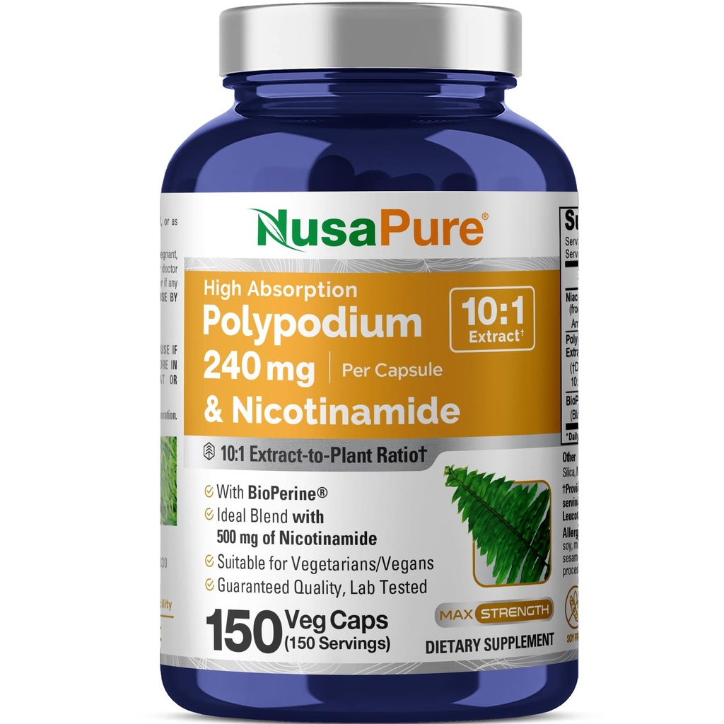 NusaPure Polypodium Nicotinamid 10: 1 Extract, 240 mg Ekvivalentní s 2,400 mg na Veg Caps - 150 Počet (Non- GMO, Soyfree, Bioperin)
