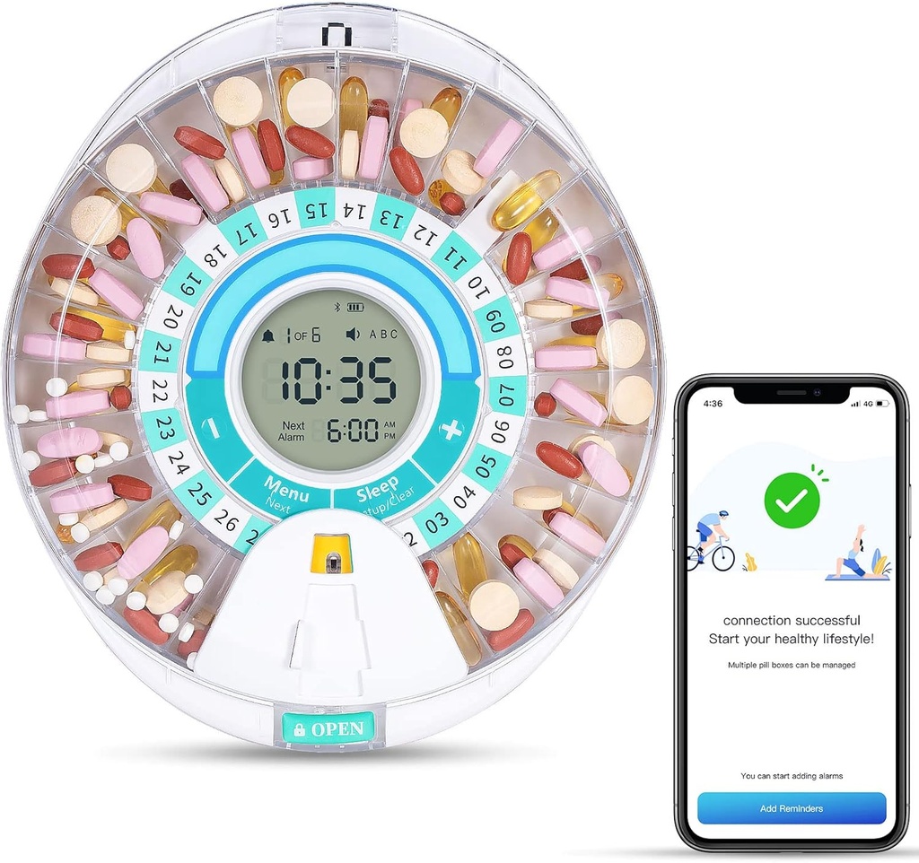 Zoksi Nový Bluetooth Smart Automatický dávkovač pilulek, Elektronický medikační dávkovač pro seniory, 28 Compartments Medicine Organizátor s trojitou připomínkou