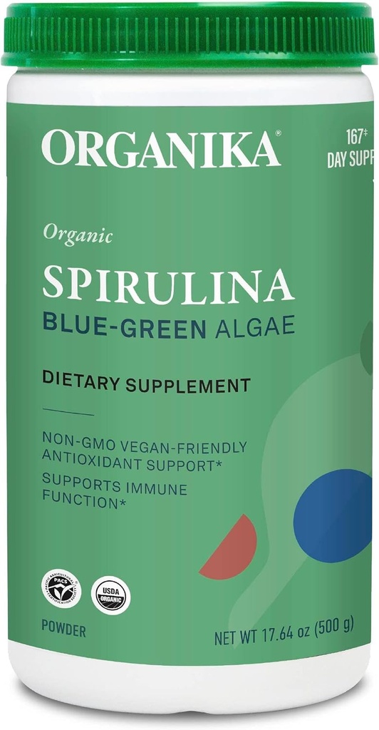 Organika Certified Organic Spirulina Powder- Superfood, 3. strana Testováno, Pristine Sourcing, Vegan- 500g