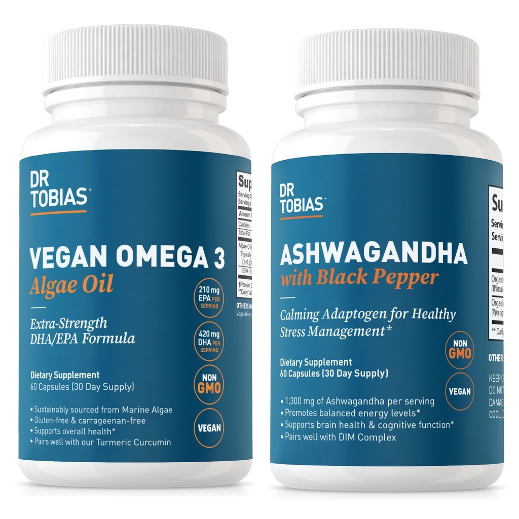 Dr. Tobias Vegan Omega 3 Algae Oil a Ashwagandha Kapsle, Podporuje odolnost, imunitní zdraví a celkové Wellness, Non- GMO, Vegan
