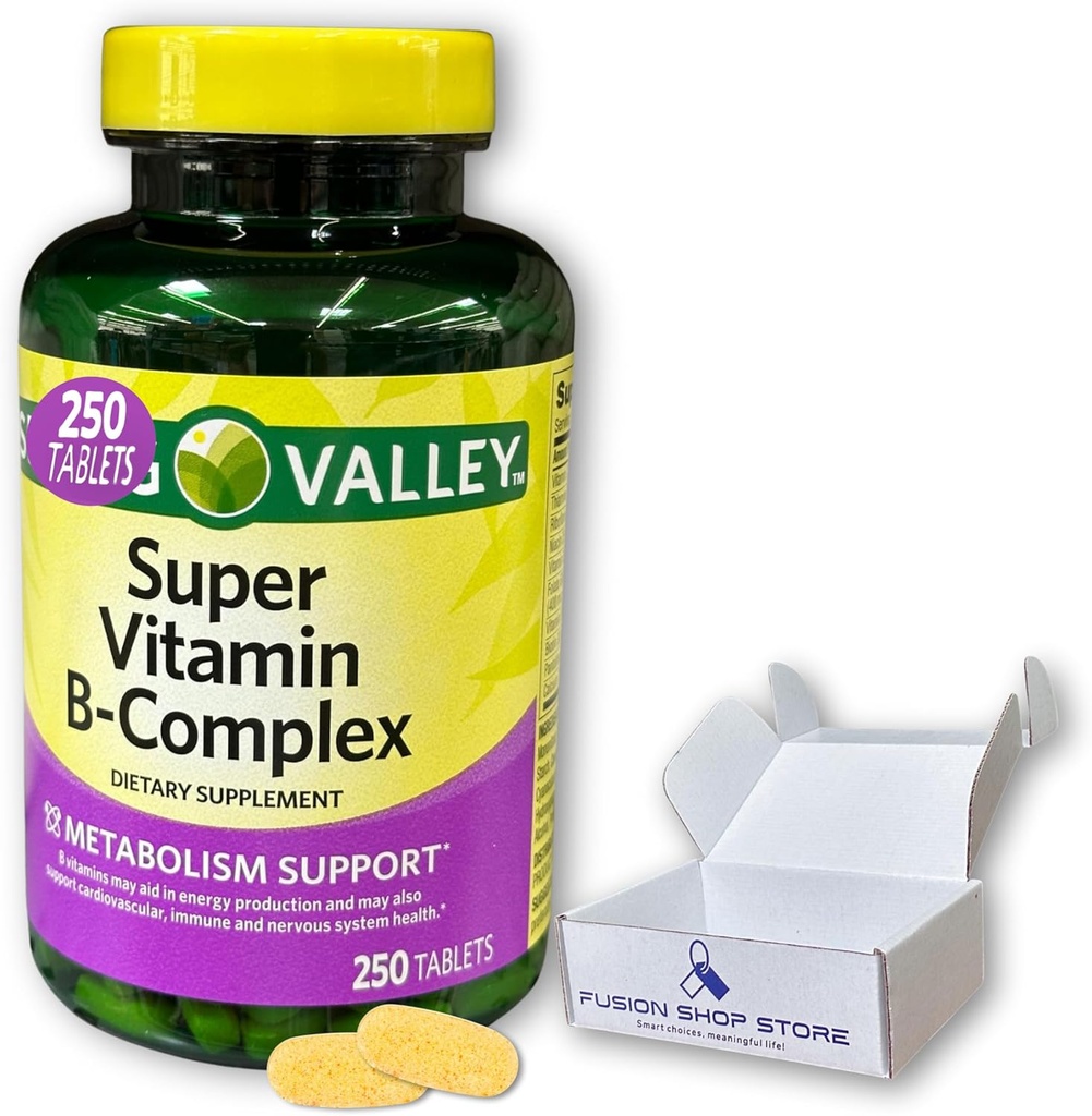 Super vitamín B Komplexní jarní údolí - Tablety 250 Počet směs B6 B12 C thiamin biotin folát pantotenová kyselina a riboflavin, box by Fusion Shop Store