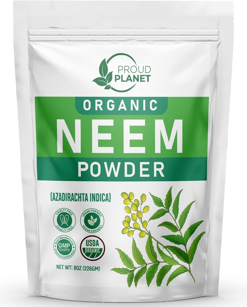 Organic Neem Leaf Powder for Skin, Hair and Blood 8oz (226g) YO124; Azadirachta Indica YO124; USDA Certified by Pride Planet