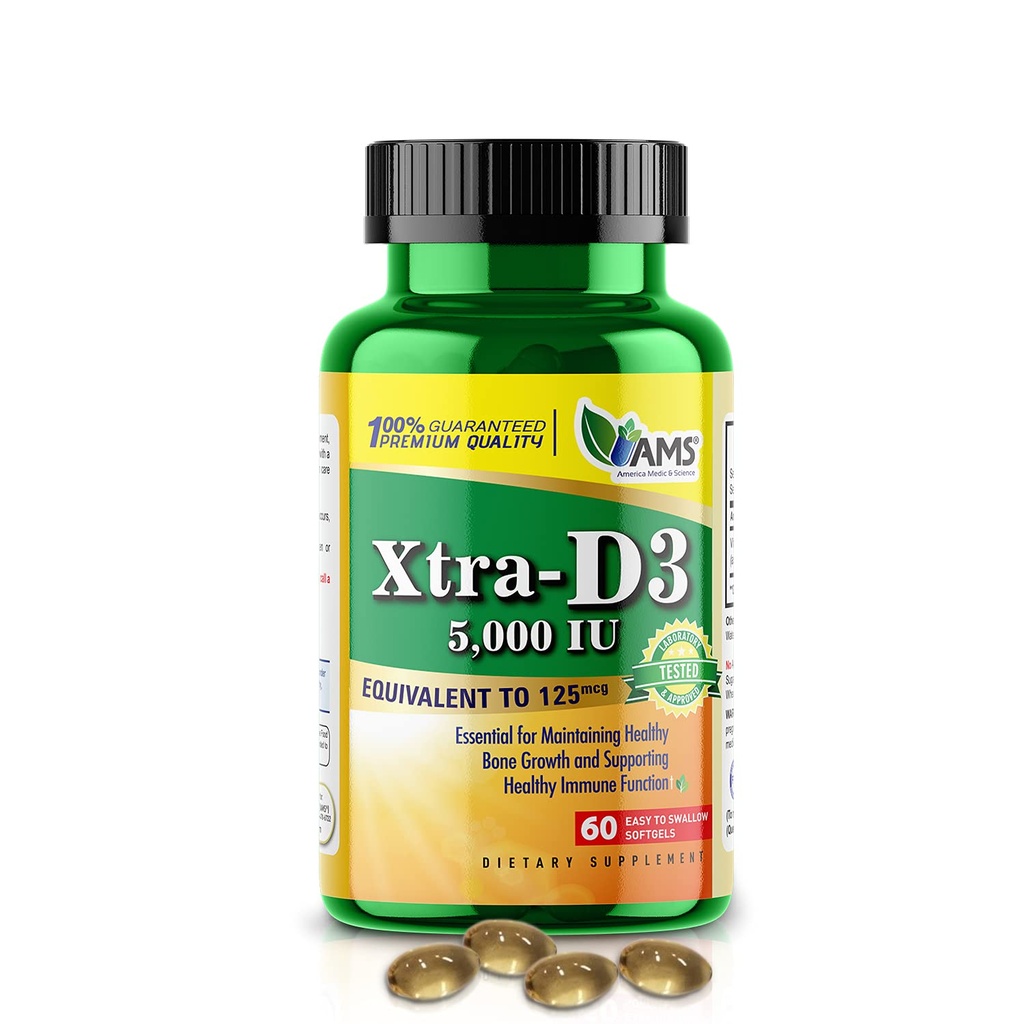America Medic & Science Xtra D3 Vitamin D 5,000 IU (125 mcg) Cholekalciferol dodatek pro muže a ženy (60 Snadno polykat Softgels) Nejlepší pro kosti, Zdraví srdce, Podpora imunitního systému, Funkce plic