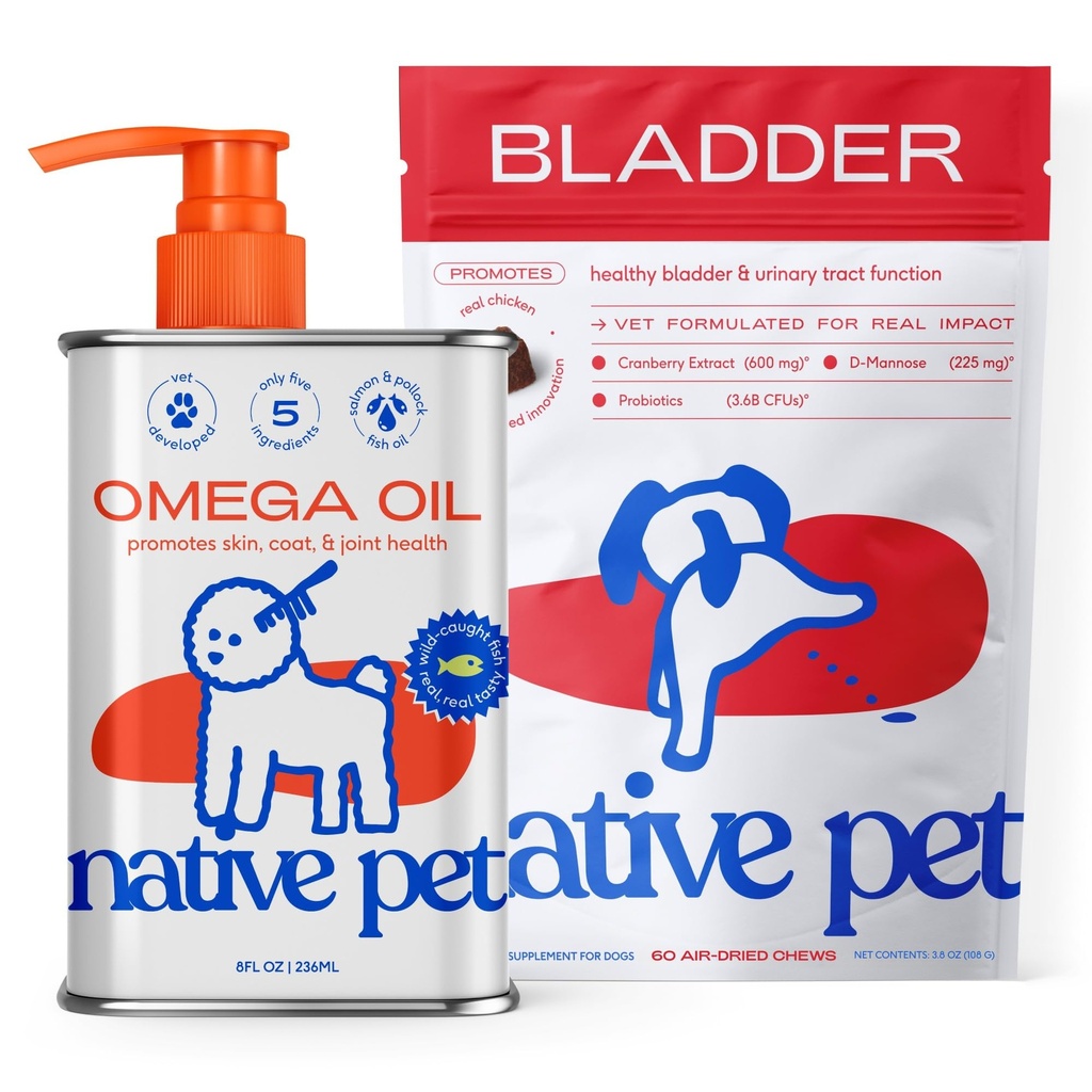 Native Pet Dog UTI léčba přes Counter & Fish Oil pro psy na podporu ltchy kůže + mobilita 124; 60 Žvýkačky & 8 Oz
